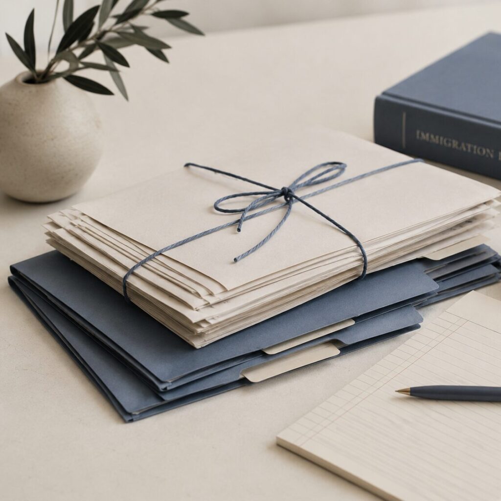 Professional legal workflow case files and organized immigration document folders on a minimalist desk