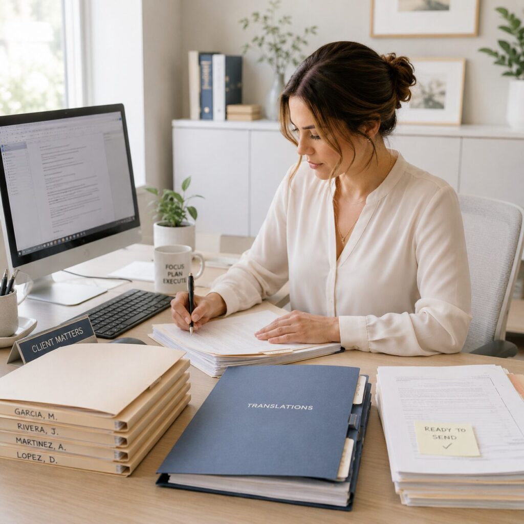 Legal assistant reviewing client documents as part of a law firm translation workflow.